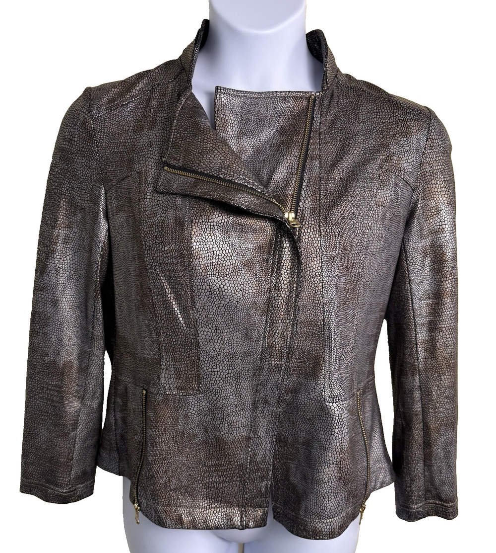 Ciara SunWoo Liquid Leather Metallic Snake Print Moto Jacket Silver Gold Large